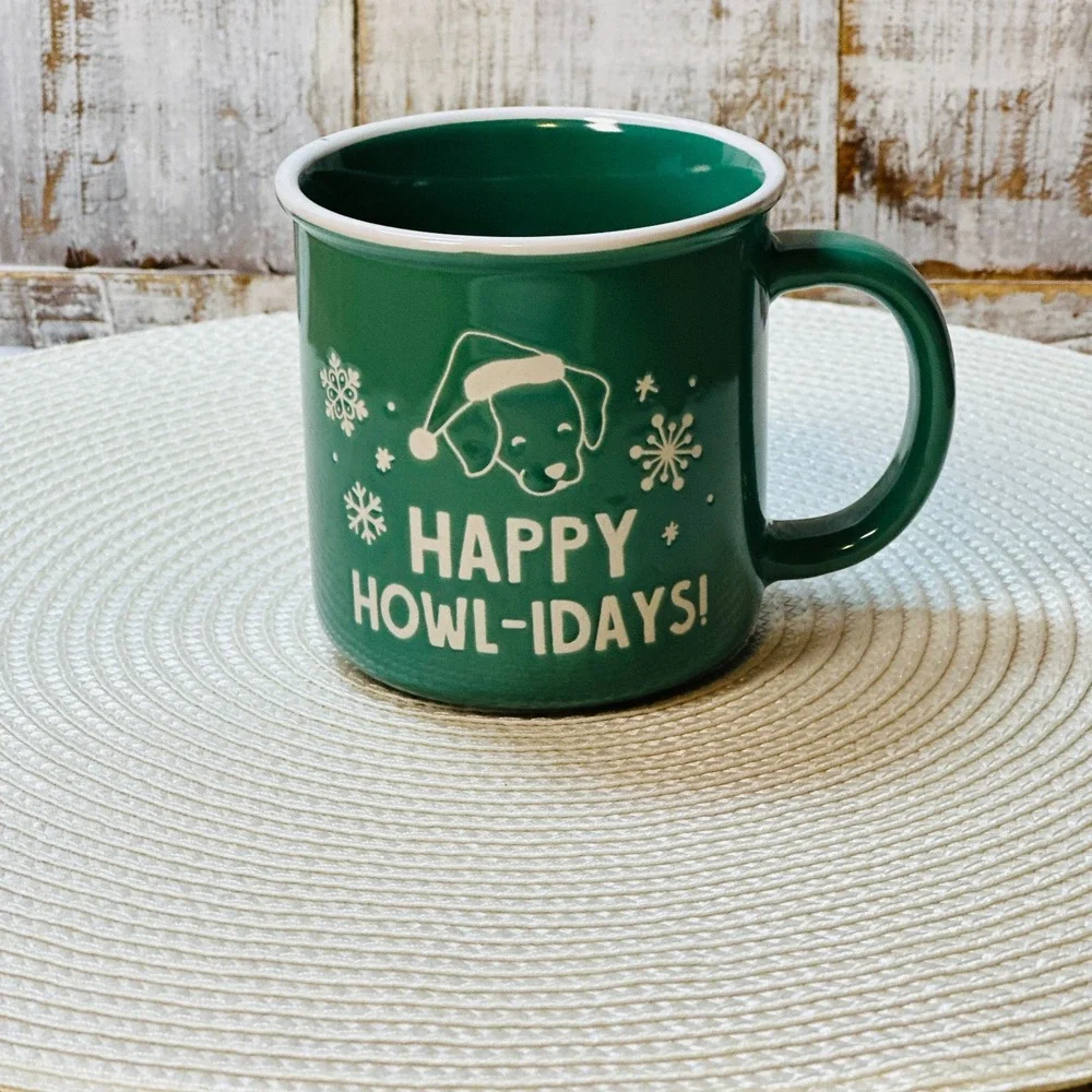 Happy‎ Howl-idays Christmas Puppy Dog Coffee Mug Cup Holiday Santa Snowflake